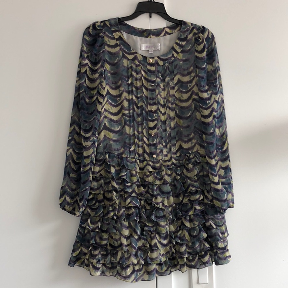 Long sleeve chiffon ruffle printed mini dress